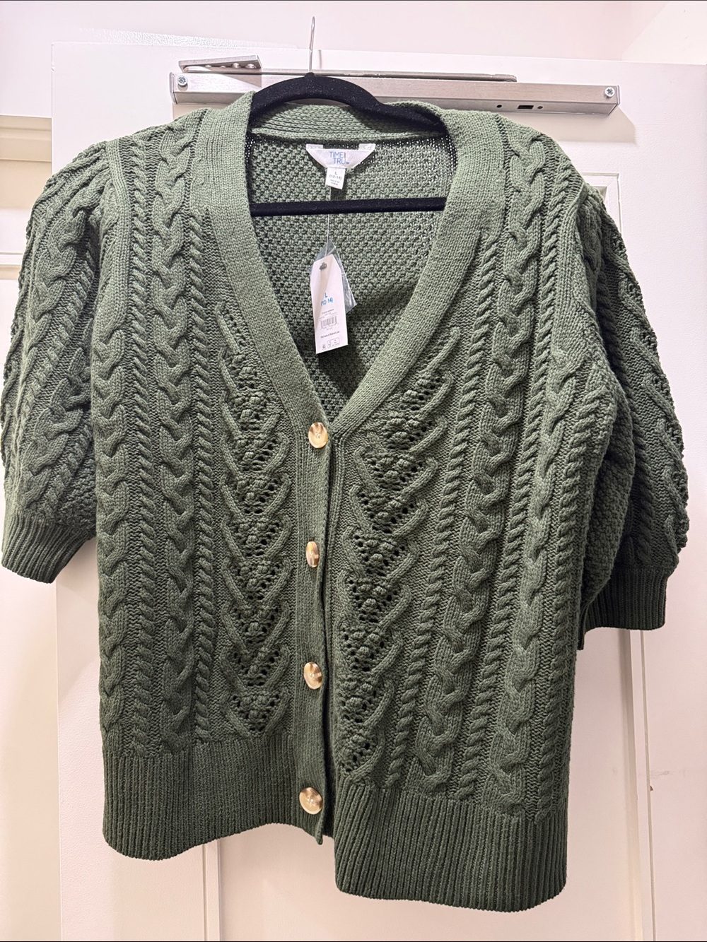 Time and Tru Olive Green Cable Knit Button-Front Cardigan